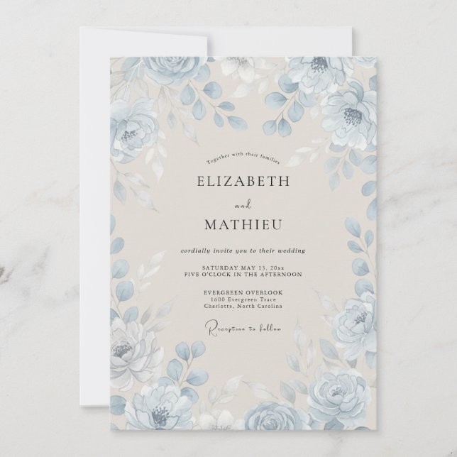 Invitation Mariage Pétales Peints en Acier Azuré (Devant)