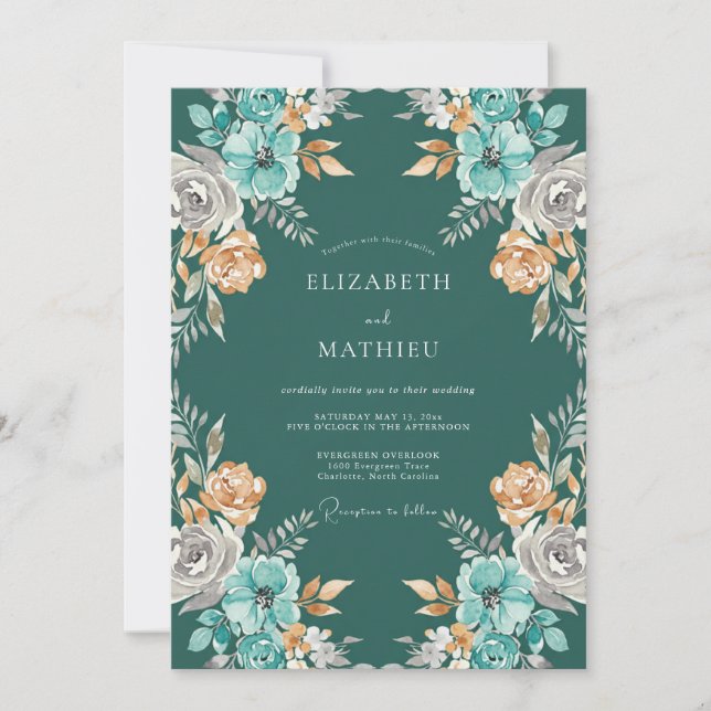 Invitation Mariage Pétrole Ambre Ranunculus Eucalyptus (Devant)