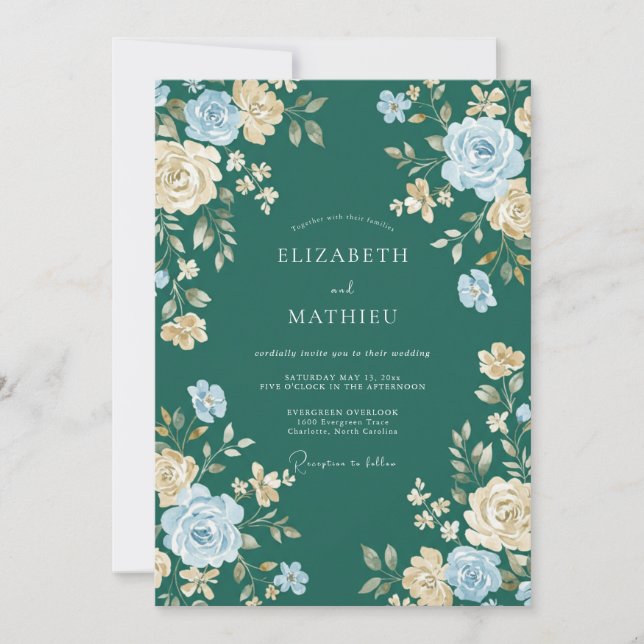 Invitation Mariage Pétrole Azur Pétales (Devant)