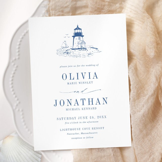 Invitation Mariage Phare Toile Bleue Côtière (Créateur téléchargé)