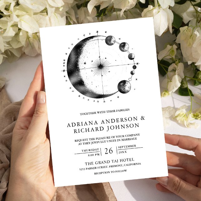 Invitation Mariage Phases de Lune Croissant Noir Blanc Célest (Créateur téléchargé)