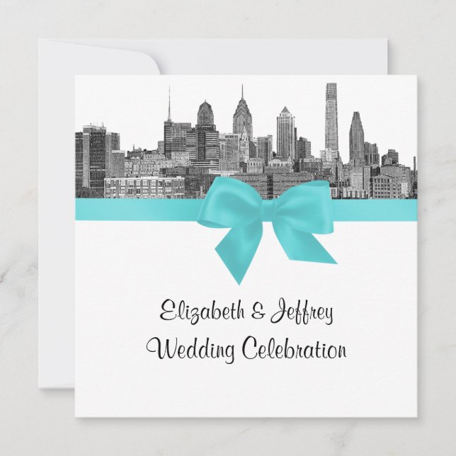 Invitation Mariage Philadelphia Skyline Etch BW Robin Egg Blu (Devant)