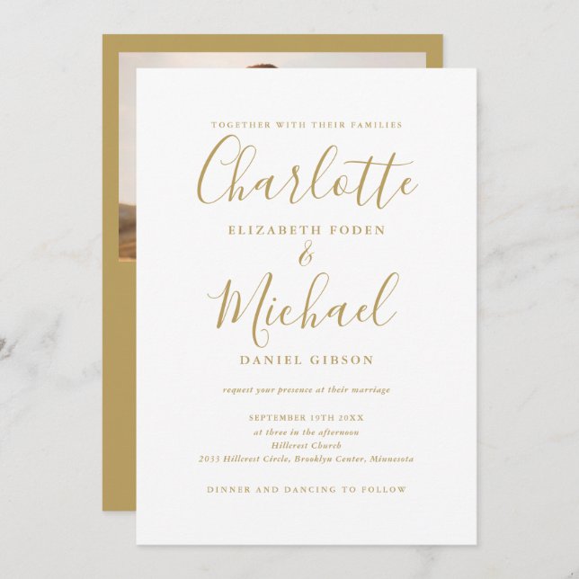 Invitation Mariage photo All In One Chic Gold Script (Devant / Derrière)