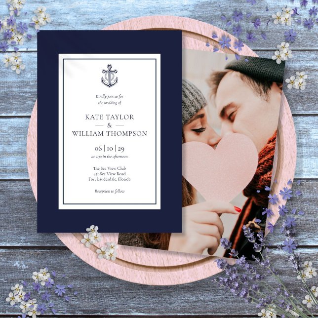 Invitation Mariage Photo Ancre Bleu Nuit Et Blanc (Nautical Navy Blue And White Anchor Photo Wedding Invitation)