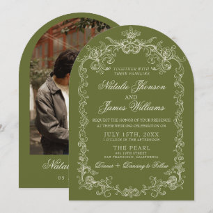 Invitation Mariage photo arqué à l'ancienne vert olive vintag