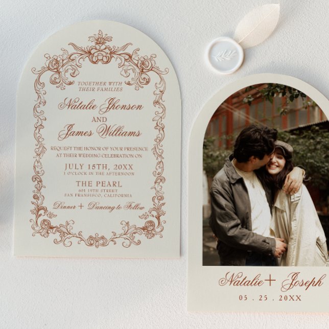 Invitation Mariage photo arqué orange brûlé rétro à l'ancienn (Créateur téléchargé)