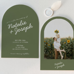 Invitation Mariage photo arqué vert moderne et fantaisiste d'