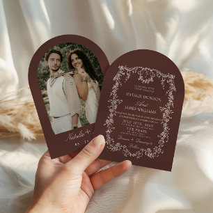 Invitation Mariage Photo Arrière Rétro Brun Chocolat Floral