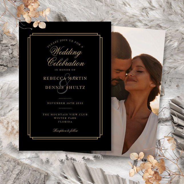 Invitation Mariage photo Art déco Script noir et or (Black and Gold Script Art Deco Photo Wedding Invitation)