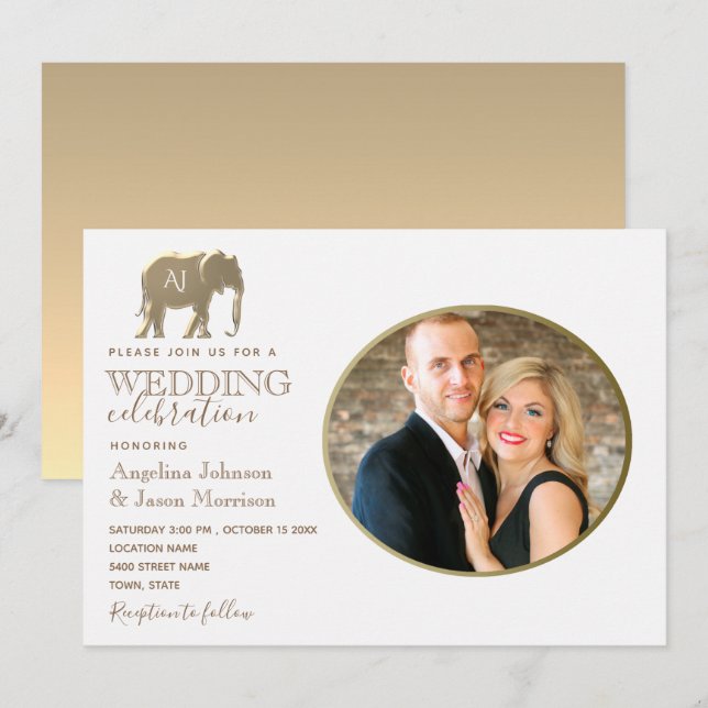 Invitation Mariage photo au monogramme doré (Devant / Derrière)