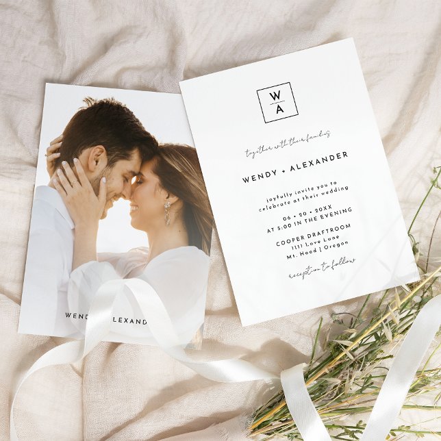 Invitation Mariage photo avec blason monogramme en script mod (Créateur téléchargé)