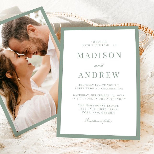 Invitation Mariage photo avec bordure vert sauge moderne (Créateur téléchargé)