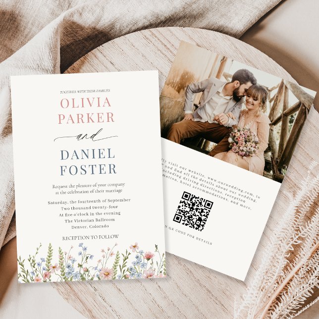 Invitation Mariage photo avec code QR de fleurs sauvages (Créateur téléchargé)