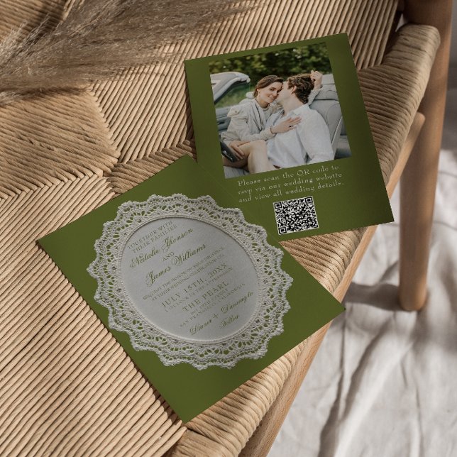 Invitation Mariage photo avec code QR en dentelle vert olive  (Créateur téléchargé)