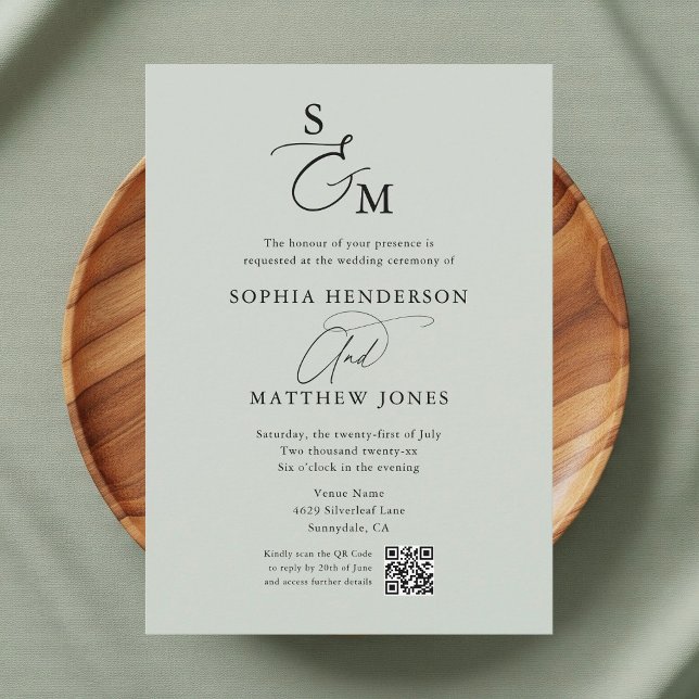 Invitation Mariage photo avec code QR en vert sauge et monogr (Créateur téléchargé)