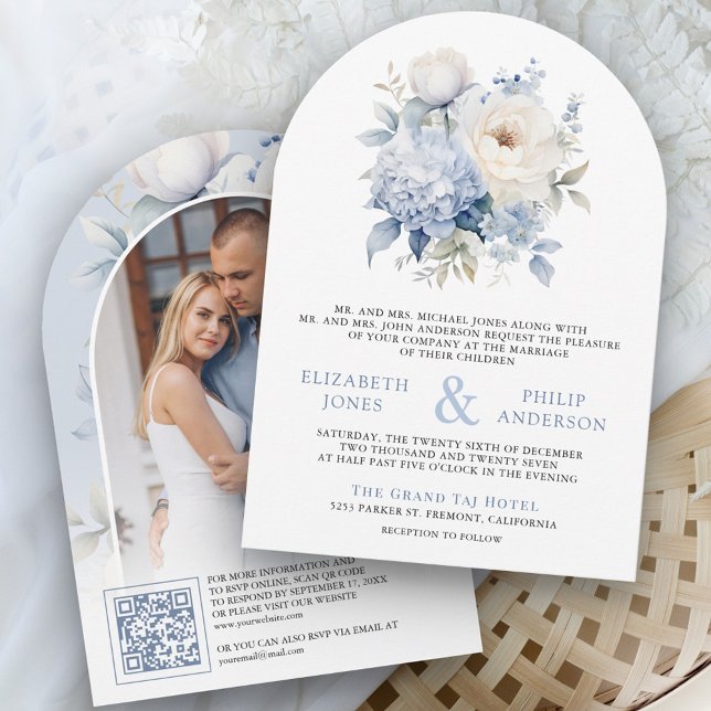 Invitation Mariage photo avec code QR floral bleu poussiéreux (Créateur téléchargé)
