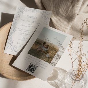 Invitation Mariage photo avec code QR floral Boho bleu poussi