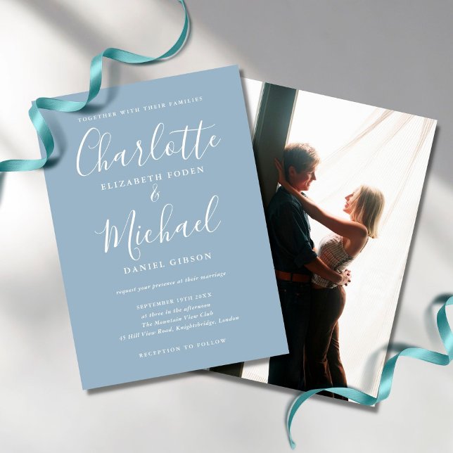 Invitation Mariage photo avec écriture signature bleu poussié (Créateur téléchargé)