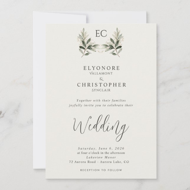 Invitation Mariage photo avec monogramme de branche d'olivier (Devant)