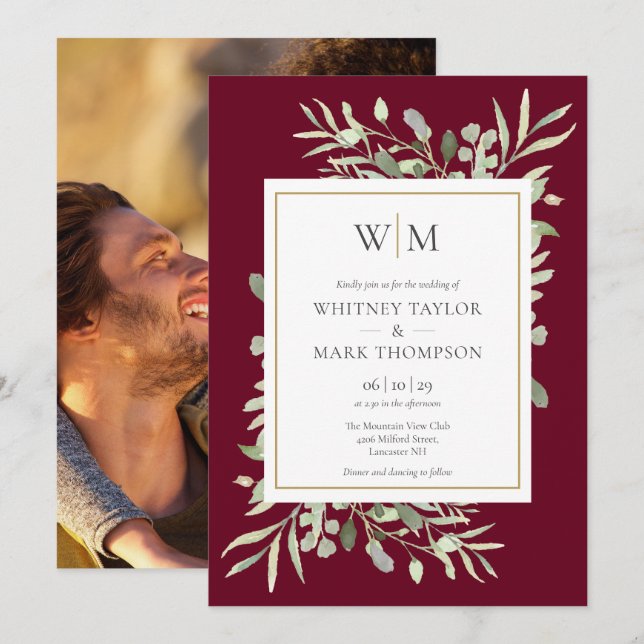 Invitation Mariage photo avec monogramme moderne et verdure b (Devant / Derrière)
