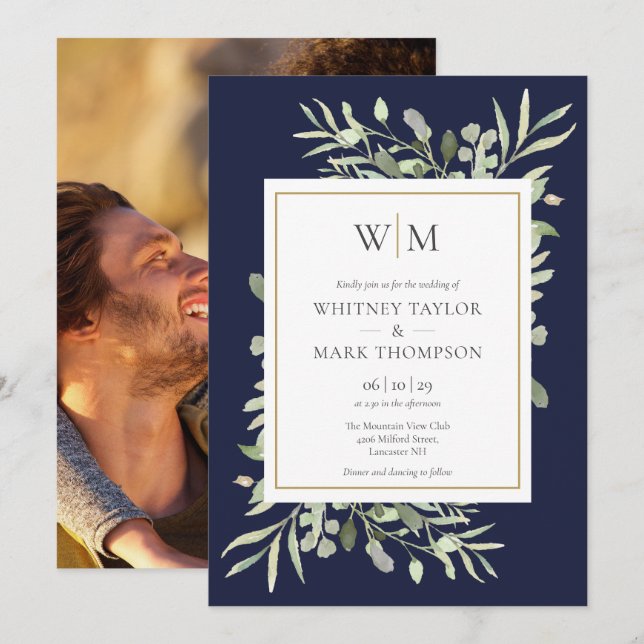 Invitation Mariage photo avec monogramme moderne sur fond de  (Devant / Derrière)