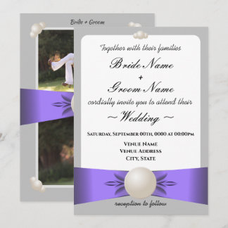 Invitation Mariage photo avec ruban lavande doux et perle gri