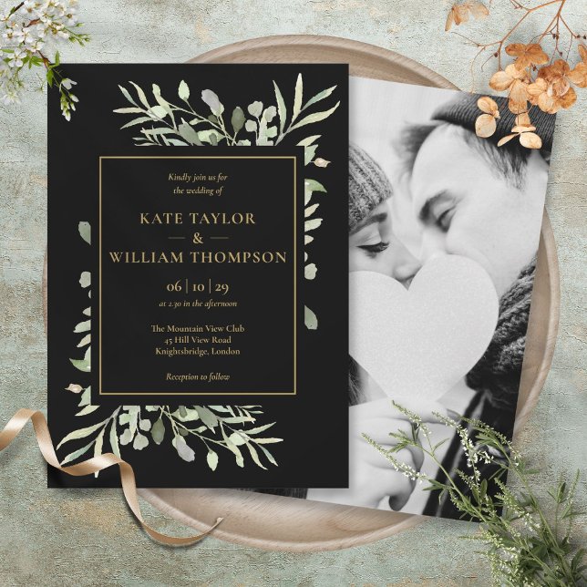 Invitation Mariage Photo Black And Gold (Black And Gold Greenery Photo Wedding Invitation)