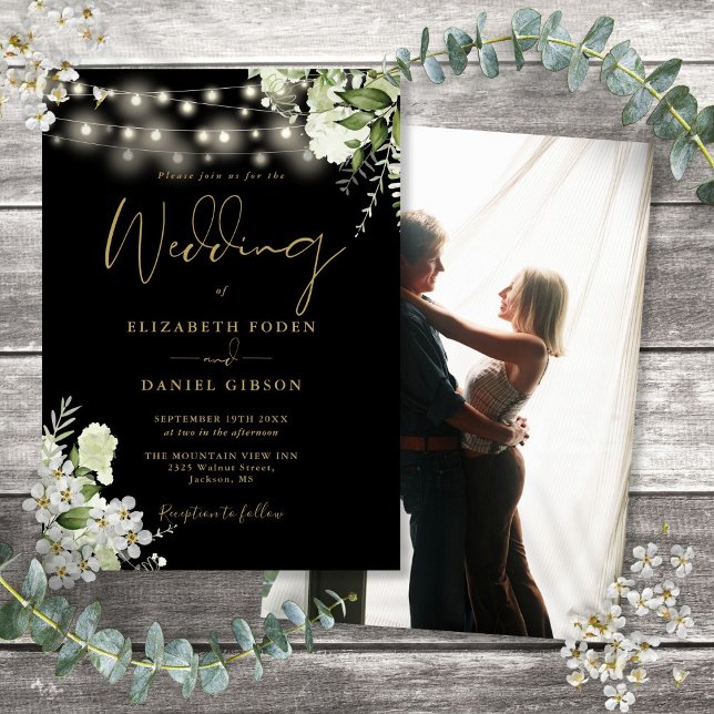 Invitation Mariage photo Black and Gold Floral (Black And Gold Floral String Lights Photo Wedding Invitation)