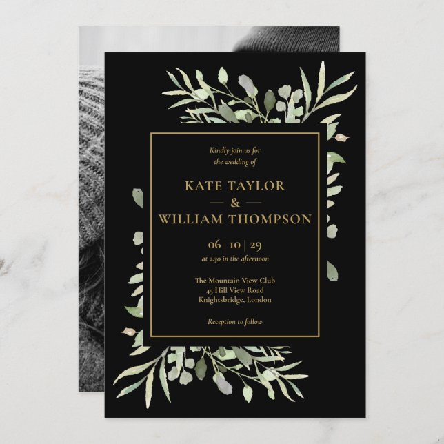 Invitation Mariage photo Black and Gold Green Foliage (Devant / Derrière)