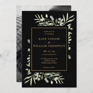 Invitation Mariage photo Black and Gold Green Foliage