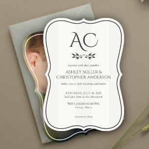 Invitation Mariage photo blanc doux à rayures monogrammes min