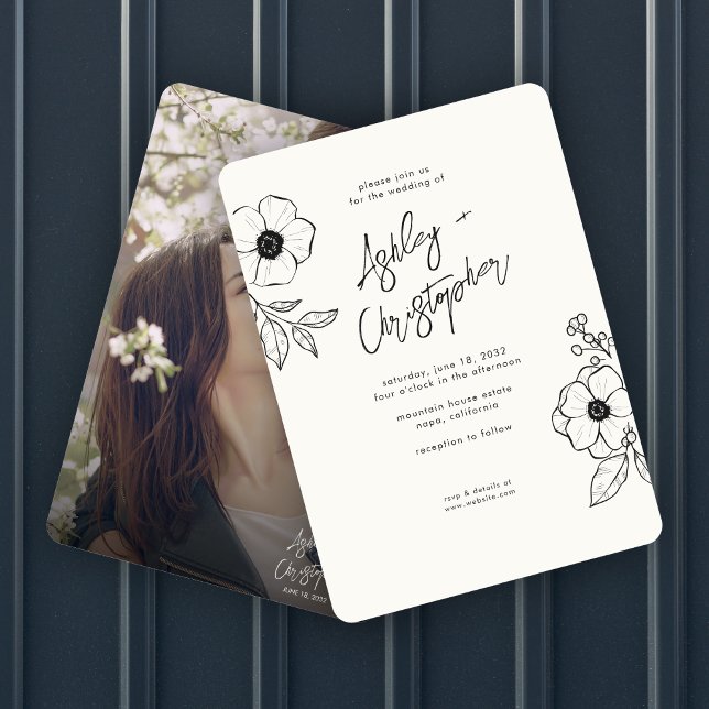 Invitation Mariage photo blanc végétal minimal (Créateur téléchargé)