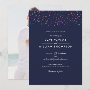 Invitation Mariage photo bleu marine confetti arc-en-ciel rom