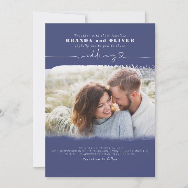 Invitation Mariage photo bleu marine de script mignon (Devant)