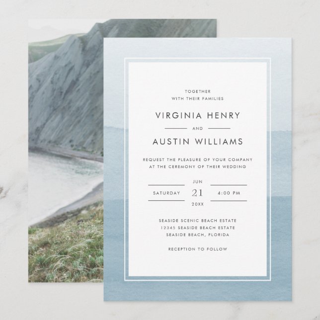 Invitation Mariage Photo Bleu Poussiéreux (Devant / Derrière)