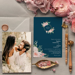 Invitation Mariage photo Blush Floral Navy