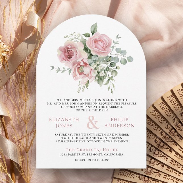 Invitation Mariage photo Blush Pink Floral Eucalyptus QR Code (Créateur téléchargé)