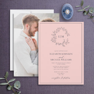 Invitation Mariage photo Blush Pink Navy Blue Monogram