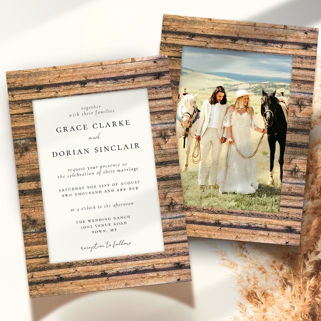 Invitation Mariage photo Boho à cadre en bois neutre rustique (Créateur téléchargé)