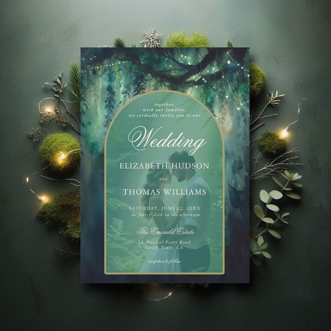 Invitation Mariage photo Boho Arch Enchanted Forest Greenery (enchanted forest wedding theme invitation magical fairy garden boho arch photo overlay elegant chic)
