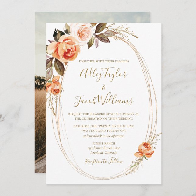 Invitation Mariage photo Boho Fall Floral Burnt Orange (Devant / Derrière)