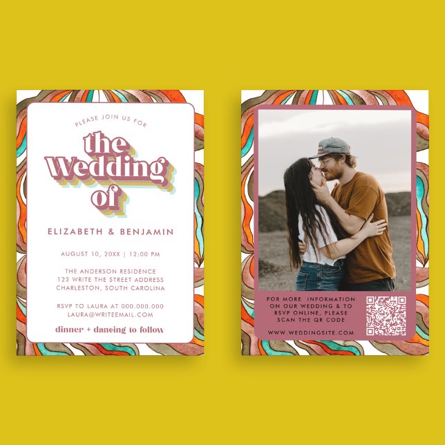 Invitation Mariage Photo Boho Groovy Rétro Code QR Rose Ondul (Front and Back)