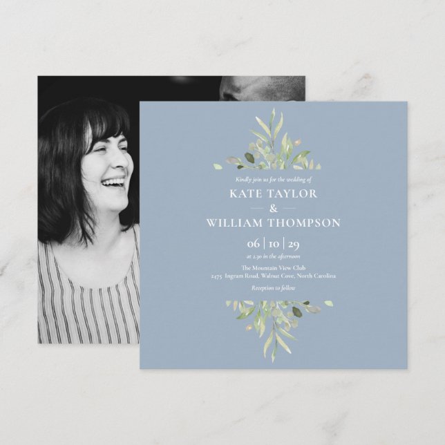 Invitation Mariage photo botanique de bleu poussiéreux (Devant / Derrière)