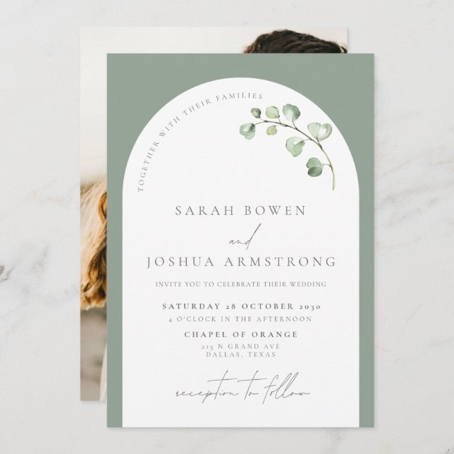 Invitation Mariage photo botanique moderne Sage Green Arch (Devant / Derrière)