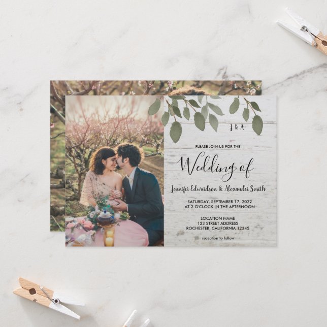 Invitation Mariage photo botanique monogrammé en bois rustiqu (Devant/Arrière en situation)