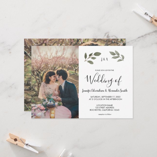 Invitation Mariage photo botanique rustique avec monogramme (Devant/Arrière en situation)