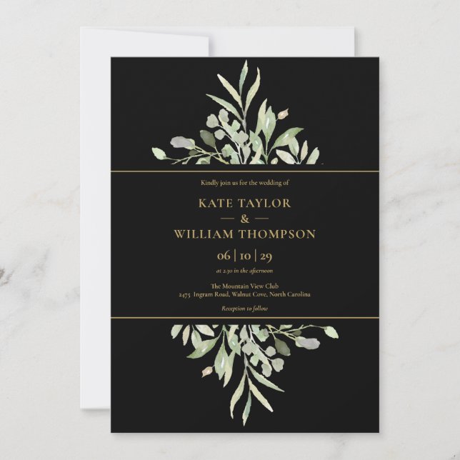 Invitation Mariage photo botanique vert et or (Devant)
