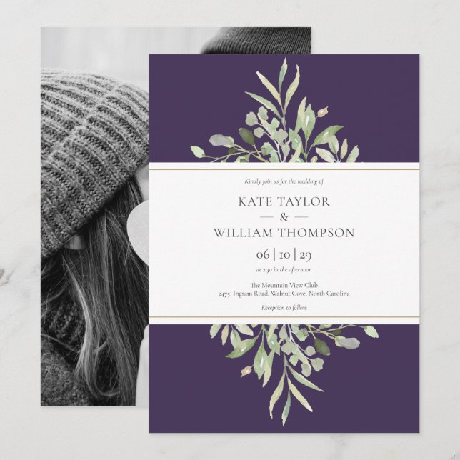 Invitation Mariage Photo Botanique Vert Pourpre  (Devant / Derrière)
