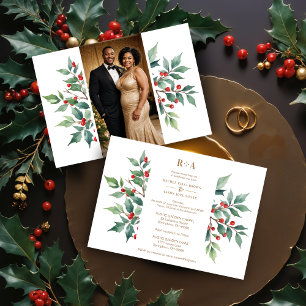 Invitation Mariage Photo Branches de Houx Noël Intemporel