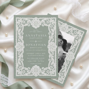 Invitation Mariage Photo Broderie Anglaise Vert Sauge Vintage
